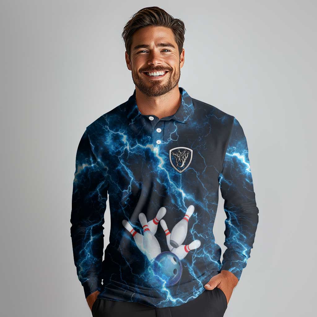 Personalized Bowling Ball Strike Graphic Long Sleeve Polo Shirt Blue Lightning Storm and Electric Energy - Wonder Print Shop