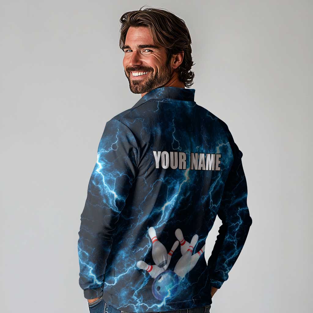 Personalized Bowling Ball Strike Graphic Long Sleeve Polo Shirt Blue Lightning Storm and Electric Energy - Wonder Print Shop