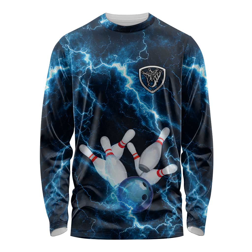 Personalized Bowling Ball Strike Graphic Long Sleeve Shirt Blue Lightning Storm and Electric Energy - Wonder Print Shop