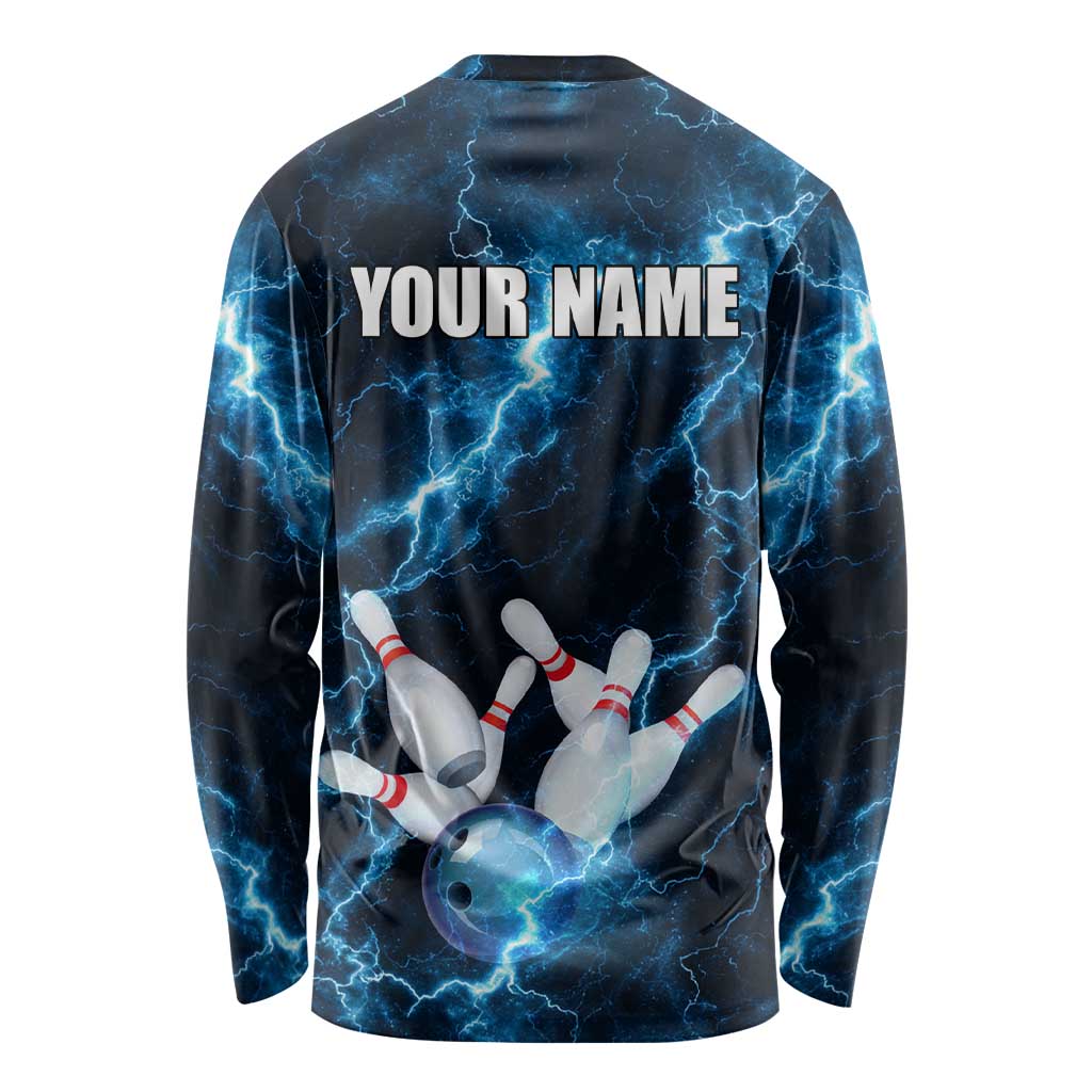 Personalized Bowling Ball Strike Graphic Long Sleeve Shirt Blue Lightning Storm and Electric Energy - Wonder Print Shop