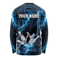 Personalized Bowling Ball Strike Graphic Long Sleeve Shirt Blue Lightning Storm and Electric Energy - Wonder Print Shop