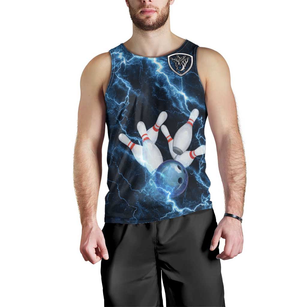 Personalized Bowling Ball Strike Graphic Men Tank Top Blue Lightning Storm and Electric Energy - Wonder Print Shop