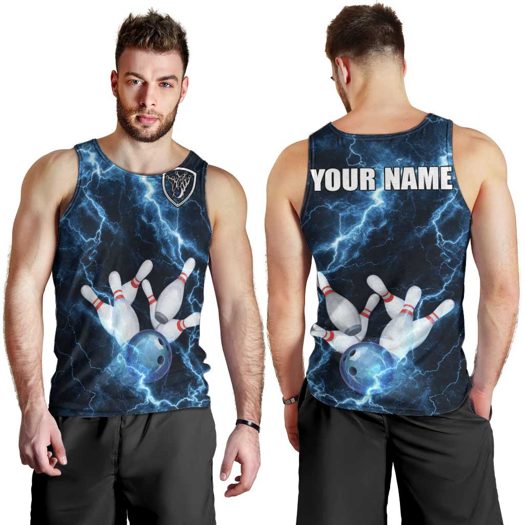 Personalized Bowling Ball Strike Graphic Men Tank Top Blue Lightning Storm and Electric Energy - Wonder Print Shop
