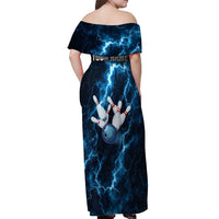Personalized Bowling Ball Strike Graphic Off Shoulder Maxi Dress Blue Lightning Storm and Electric Energy - Wonder Print Shop