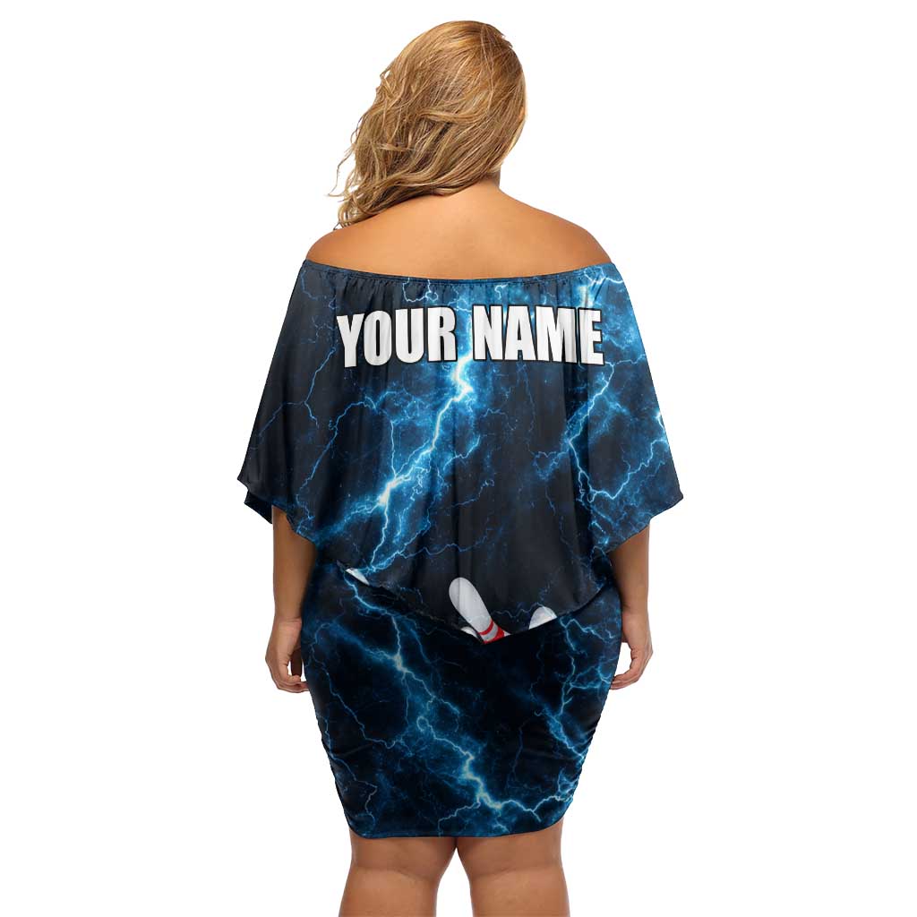 Personalized Bowling Ball Strike Graphic Off Shoulder Short Dress Blue Lightning Storm and Electric Energy - Wonder Print Shop