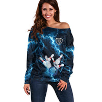 Personalized Bowling Ball Strike Graphic Off Shoulder Sweater Blue Lightning Storm and Electric Energy - Wonder Print Shop