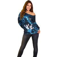 Personalized Bowling Ball Strike Graphic Off Shoulder Sweater Blue Lightning Storm and Electric Energy - Wonder Print Shop