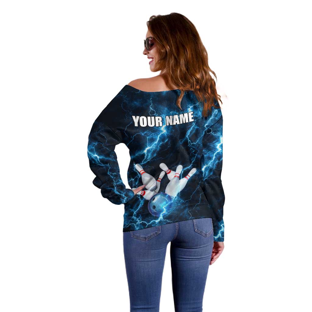 Personalized Bowling Ball Strike Graphic Off Shoulder Sweater Blue Lightning Storm and Electric Energy - Wonder Print Shop