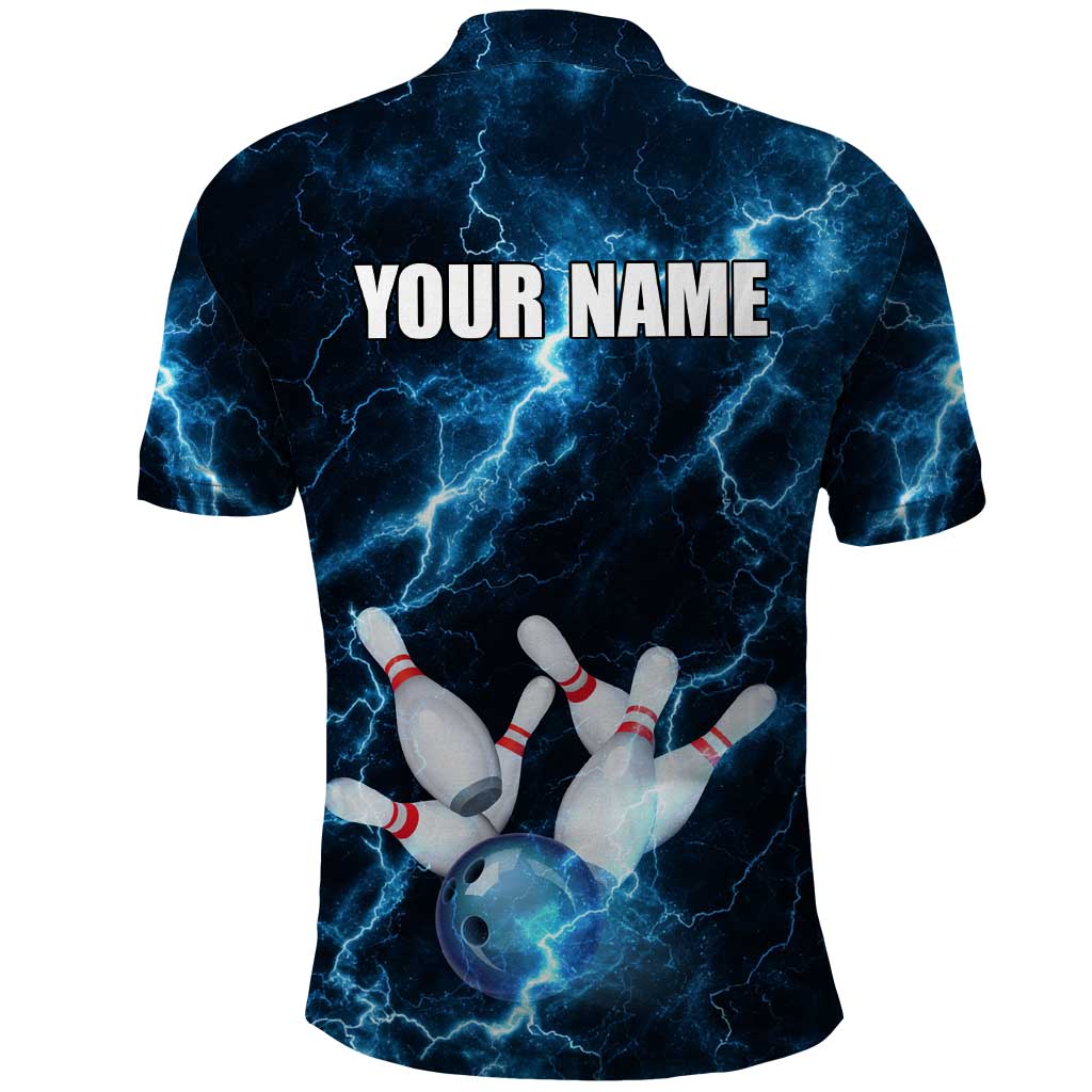 Personalized Bowling Ball Strike Graphic Polo Shirt Blue Lightning Storm and Electric Energy - Wonder Print Shop