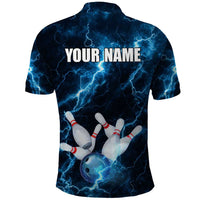 Personalized Bowling Ball Strike Graphic Polo Shirt Blue Lightning Storm and Electric Energy - Wonder Print Shop