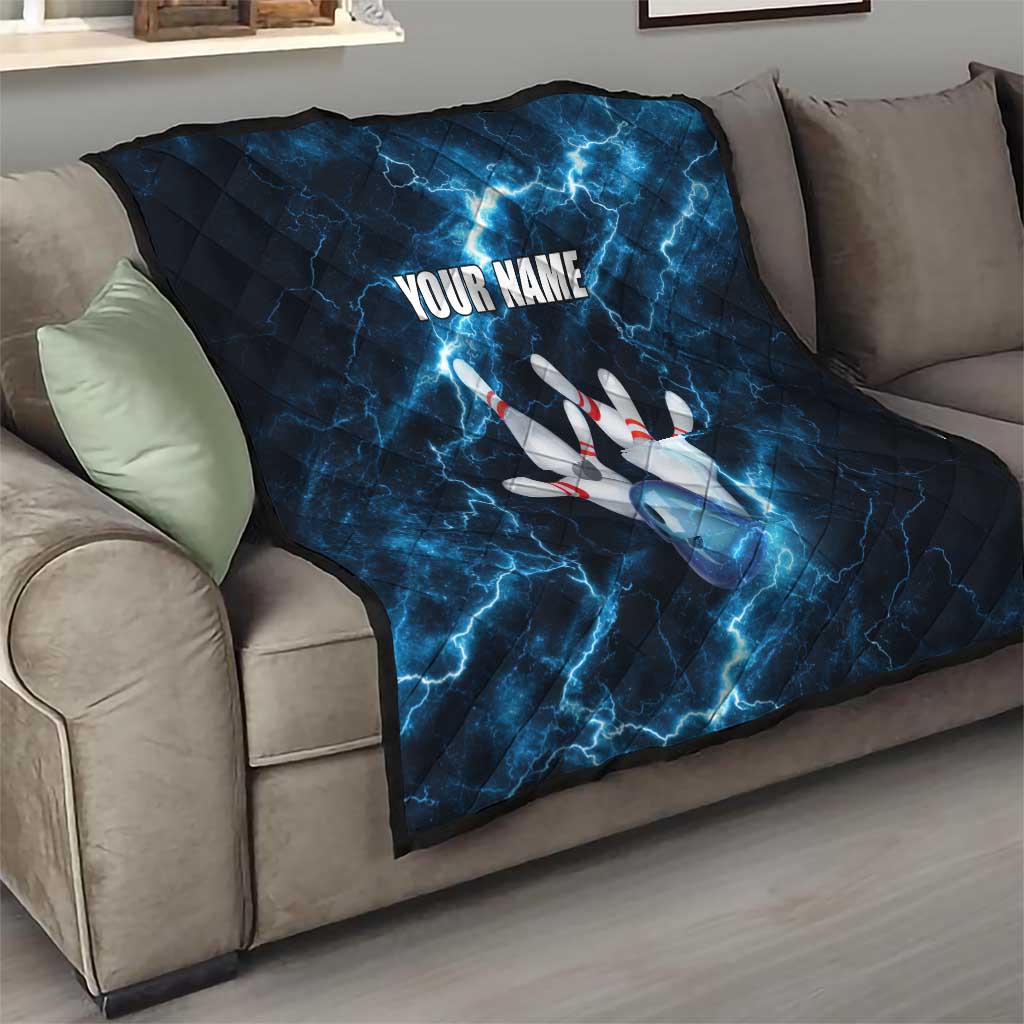 Personalized Bowling Ball Strike Graphic Quilt Blue Lightning Storm and Electric Energy - Wonder Print Shop