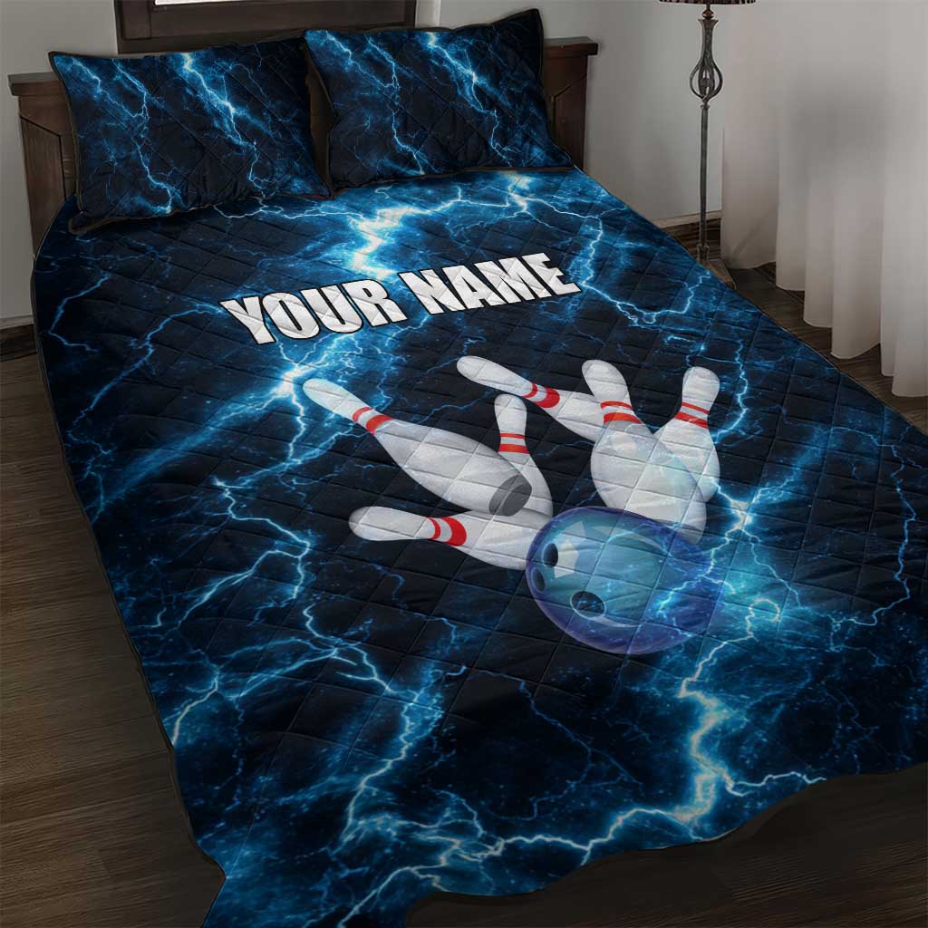Personalized Bowling Ball Strike Graphic Quilt Bed Set Blue Lightning Storm and Electric Energy - Wonder Print Shop
