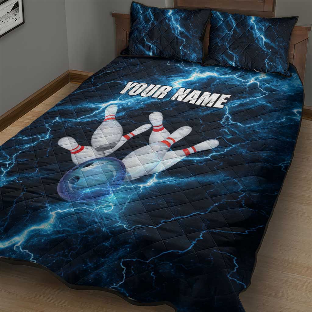 Personalized Bowling Ball Strike Graphic Quilt Bed Set Blue Lightning Storm and Electric Energy - Wonder Print Shop