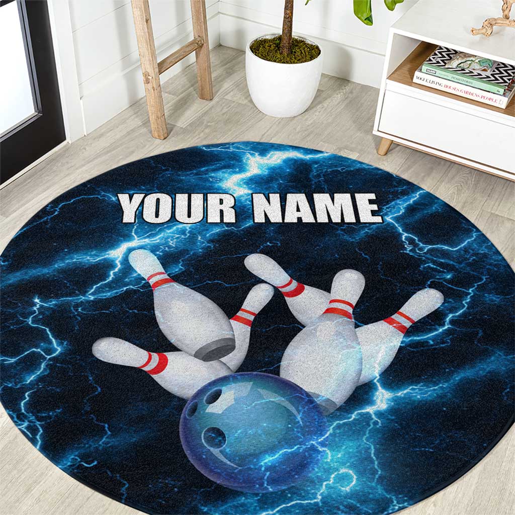 Personalized Bowling Ball Strike Graphic Round Carpet Blue Lightning Storm and Electric Energy - Wonder Print Shop