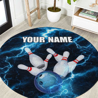 Personalized Bowling Ball Strike Graphic Round Carpet Blue Lightning Storm and Electric Energy - Wonder Print Shop