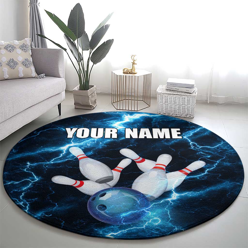 Personalized Bowling Ball Strike Graphic Round Carpet Blue Lightning Storm and Electric Energy - Wonder Print Shop