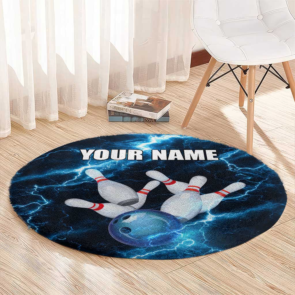Personalized Bowling Ball Strike Graphic Round Carpet Blue Lightning Storm and Electric Energy - Wonder Print Shop