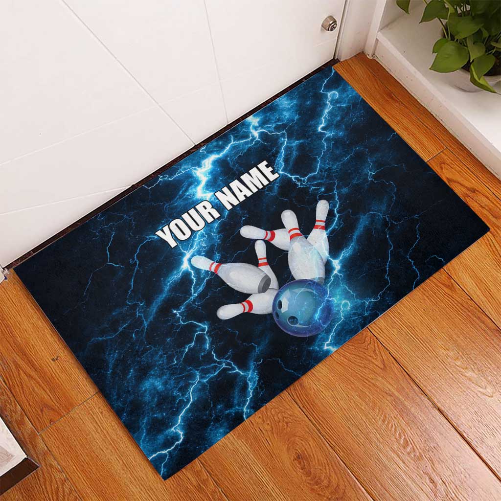Personalized Bowling Ball Strike Graphic Rubber Doormat Blue Lightning Storm and Electric Energy - Wonder Print Shop