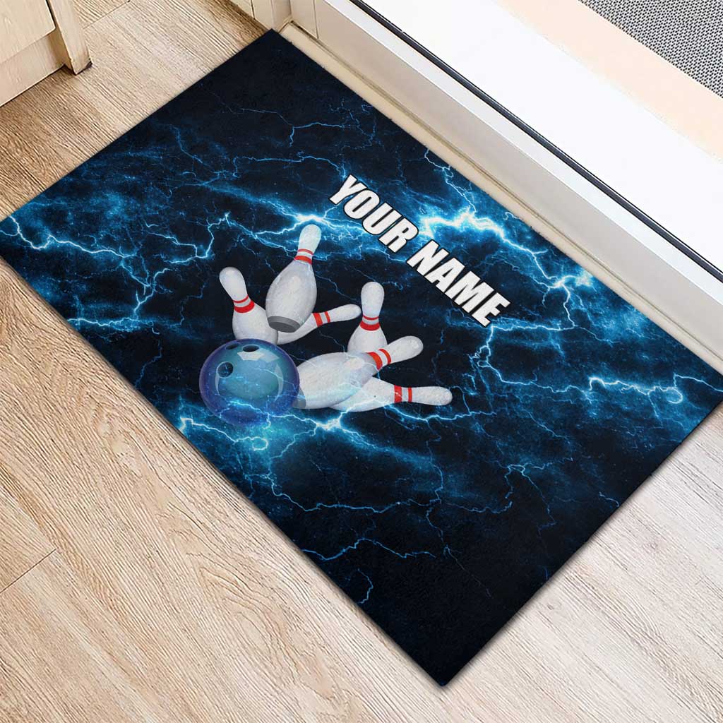 Personalized Bowling Ball Strike Graphic Rubber Doormat Blue Lightning Storm and Electric Energy - Wonder Print Shop