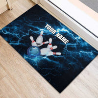 Personalized Bowling Ball Strike Graphic Rubber Doormat Blue Lightning Storm and Electric Energy - Wonder Print Shop
