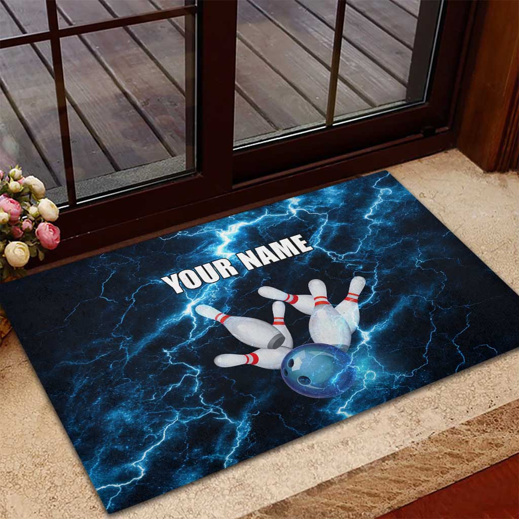 Personalized Bowling Ball Strike Graphic Rubber Doormat Blue Lightning Storm and Electric Energy - Wonder Print Shop