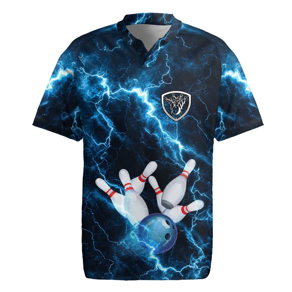 Personalized Bowling Ball Strike Graphic Rugby Jersey Blue Lightning Storm and Electric Energy - Wonder Print Shop