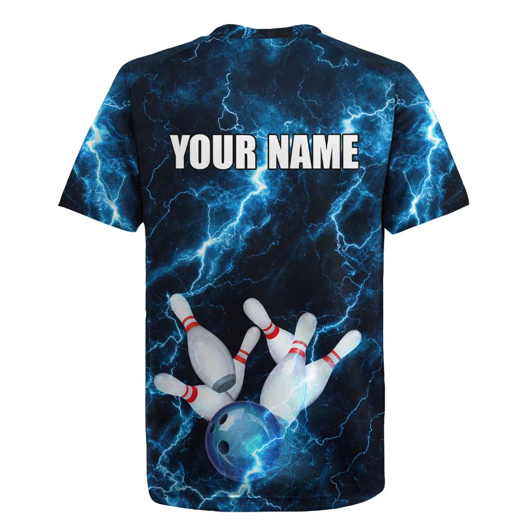 Personalized Bowling Ball Strike Graphic Rugby Jersey Blue Lightning Storm and Electric Energy - Wonder Print Shop