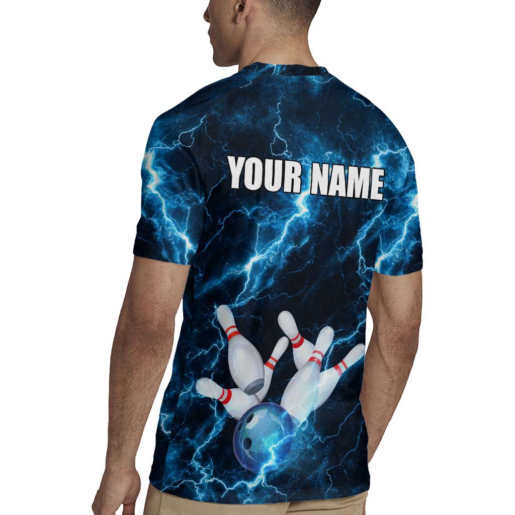 Personalized Bowling Ball Strike Graphic Rugby Jersey Blue Lightning Storm and Electric Energy - Wonder Print Shop