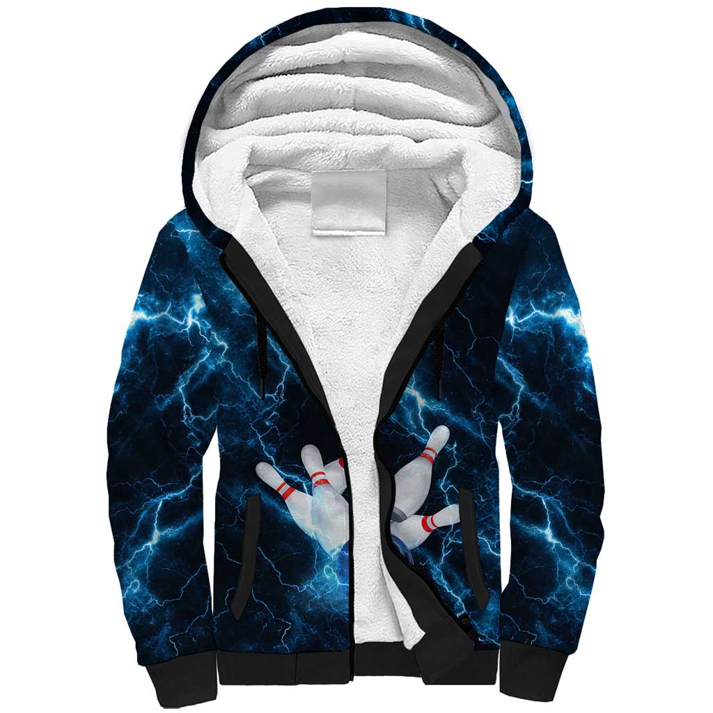 Personalized Bowling Ball Strike Graphic Sherpa Hoodie Blue Lightning Storm and Electric Energy - Wonder Print Shop