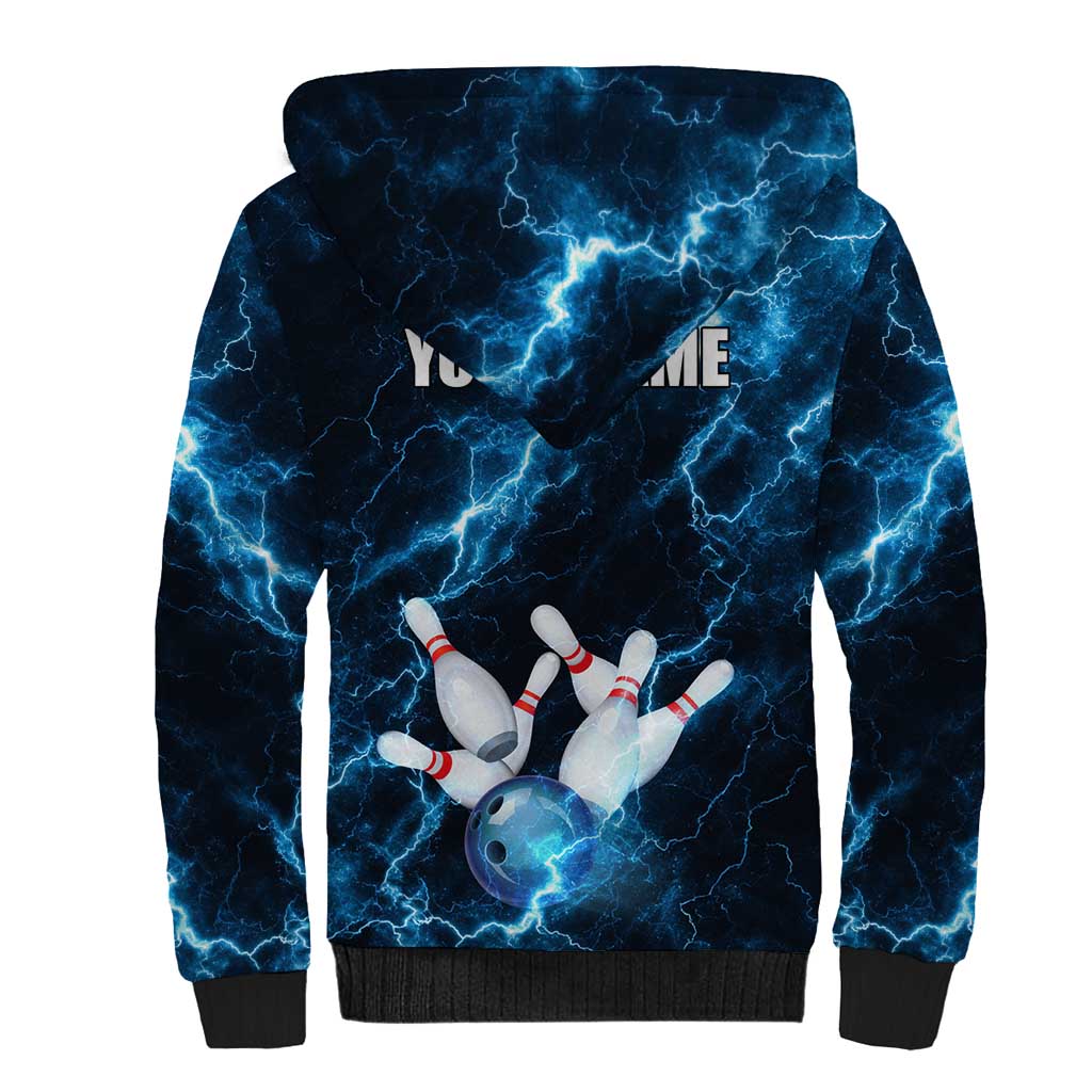 Personalized Bowling Ball Strike Graphic Sherpa Hoodie Blue Lightning Storm and Electric Energy - Wonder Print Shop