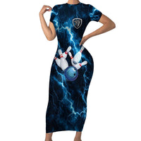 Personalized Bowling Ball Strike Graphic Short Sleeve Bodycon Dress Blue Lightning Storm and Electric Energy - Wonder Print Shop