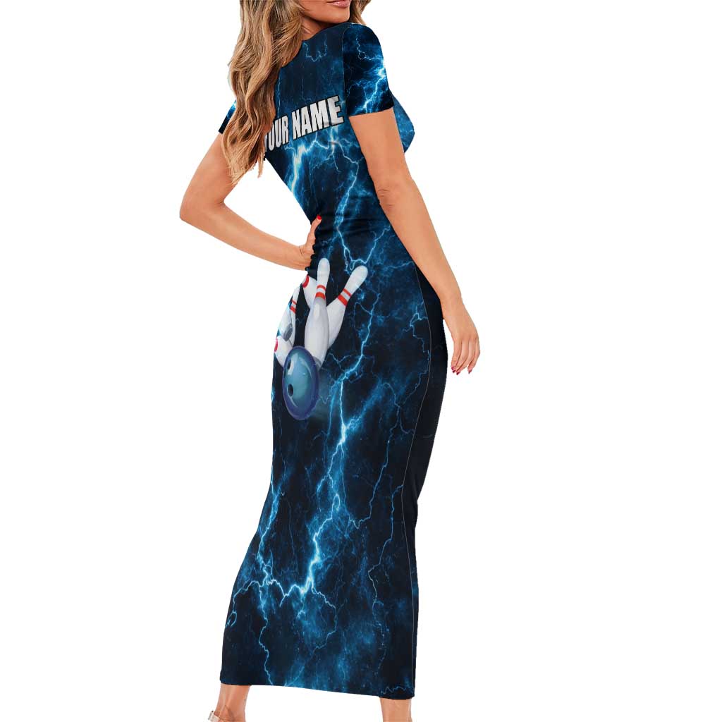 Personalized Bowling Ball Strike Graphic Short Sleeve Bodycon Dress Blue Lightning Storm and Electric Energy - Wonder Print Shop