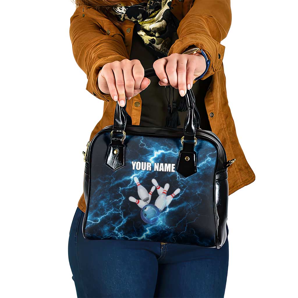 Personalized Bowling Ball Strike Graphic Shoulder Handbag Blue Lightning Storm and Electric Energy - Wonder Print Shop