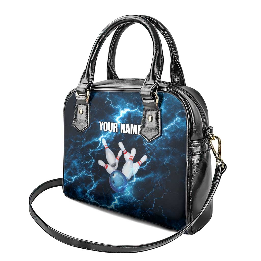 Personalized Bowling Ball Strike Graphic Shoulder Handbag Blue Lightning Storm and Electric Energy - Wonder Print Shop