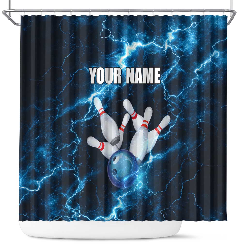 Personalized Bowling Ball Strike Graphic Shower Curtain Blue Lightning Storm and Electric Energy - Wonder Print Shop