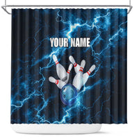 Personalized Bowling Ball Strike Graphic Shower Curtain Blue Lightning Storm and Electric Energy - Wonder Print Shop