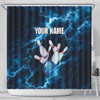 Personalized Bowling Ball Strike Graphic Shower Curtain Blue Lightning Storm and Electric Energy - Wonder Print Shop