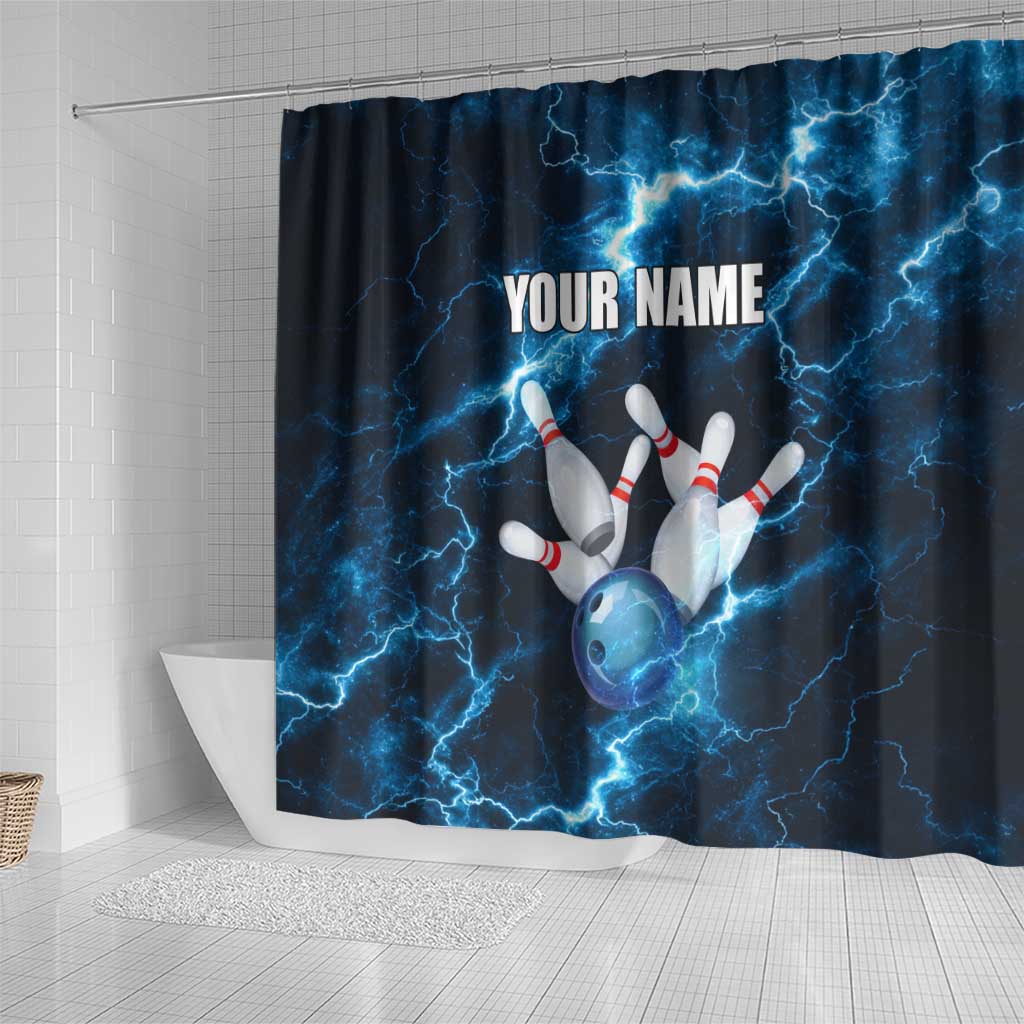 Personalized Bowling Ball Strike Graphic Shower Curtain Blue Lightning Storm and Electric Energy - Wonder Print Shop