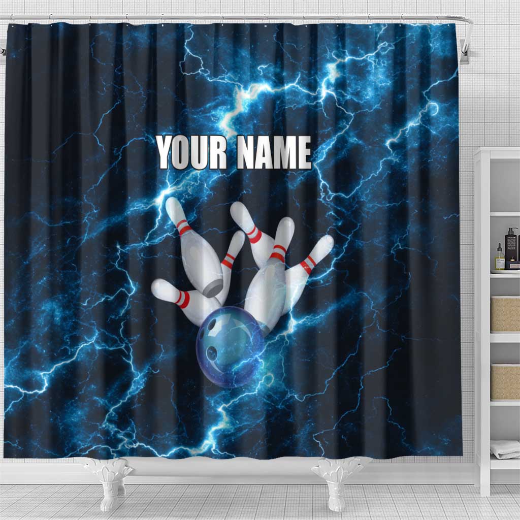 Personalized Bowling Ball Strike Graphic Shower Curtain Blue Lightning Storm and Electric Energy - Wonder Print Shop