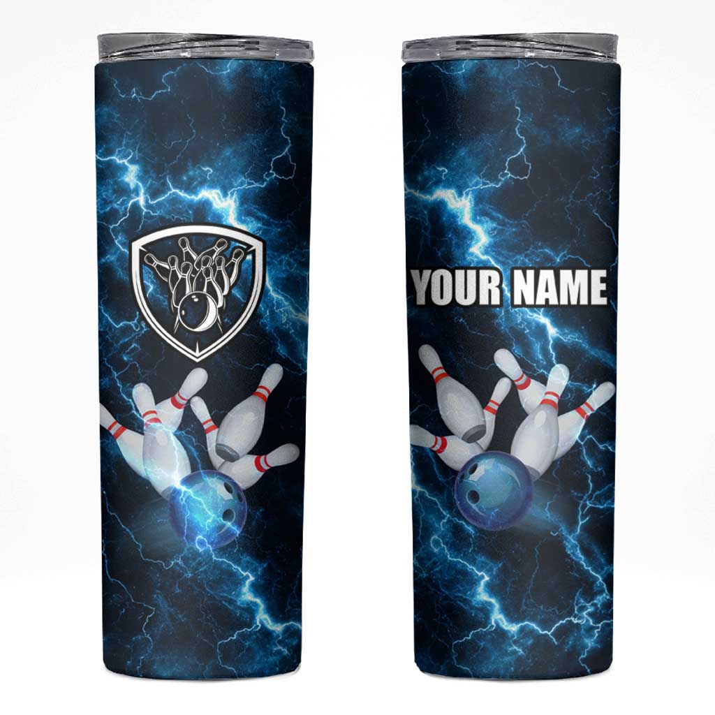 Personalized Bowling Ball Strike Graphic Skinny Tumbler Blue Lightning Storm and Electric Energy - Wonder Print Shop