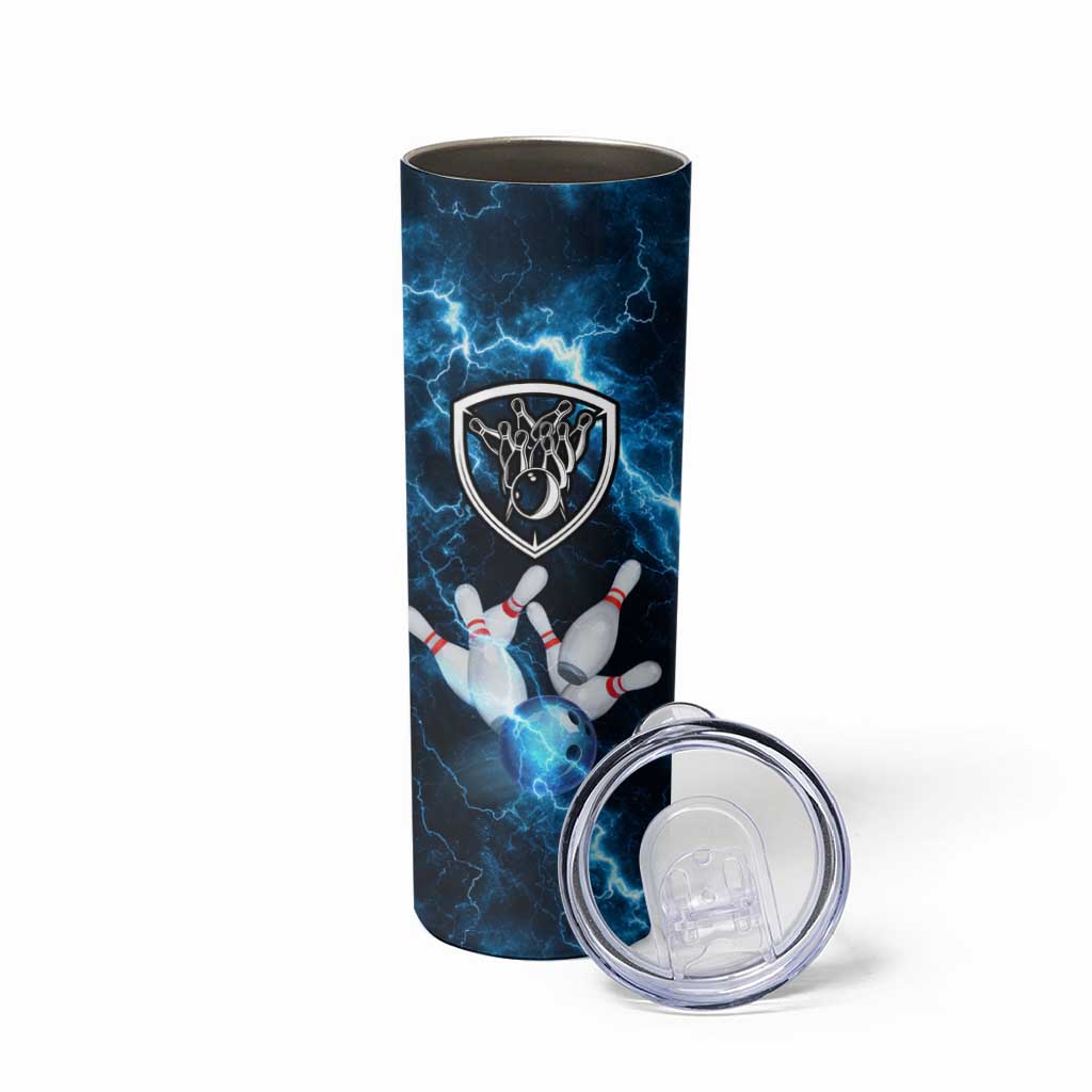 Personalized Bowling Ball Strike Graphic Skinny Tumbler Blue Lightning Storm and Electric Energy - Wonder Print Shop