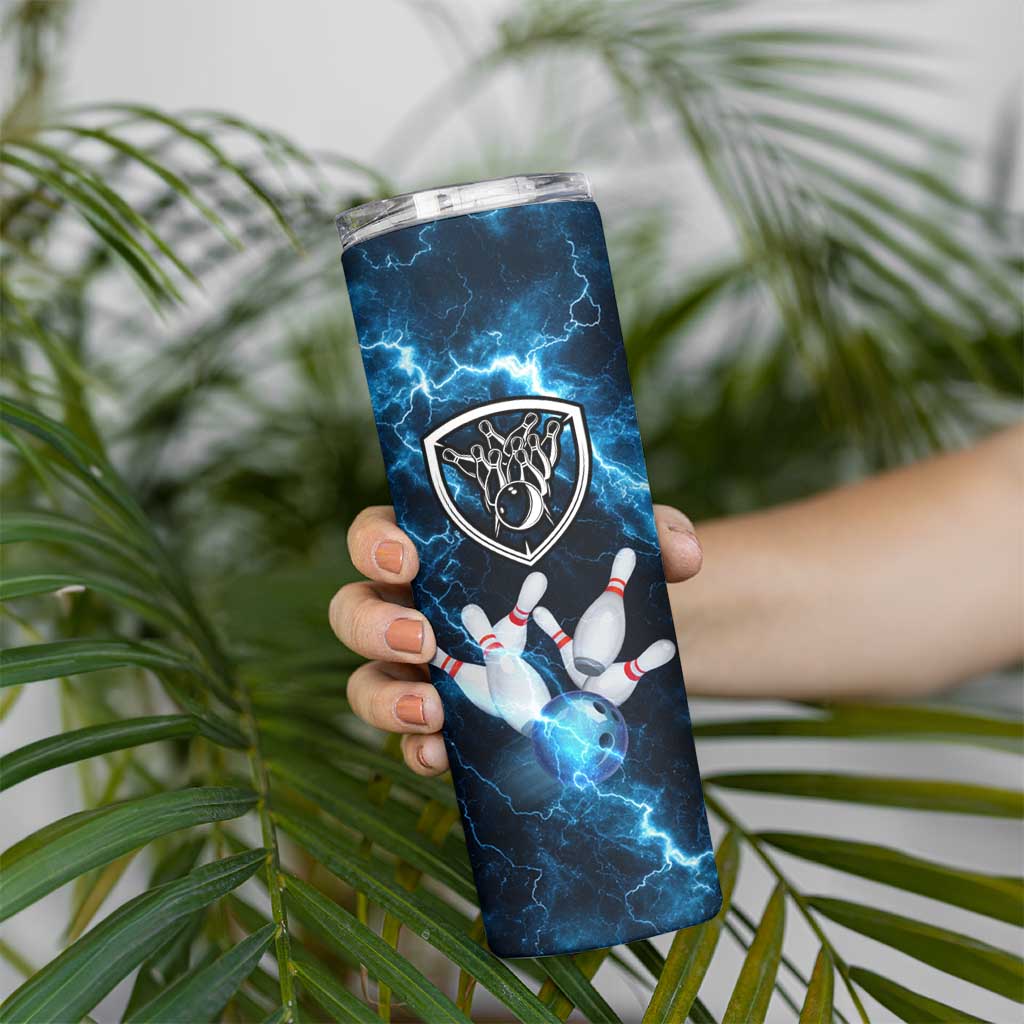 Personalized Bowling Ball Strike Graphic Skinny Tumbler Blue Lightning Storm and Electric Energy - Wonder Print Shop