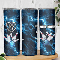 Personalized Bowling Ball Strike Graphic Skinny Tumbler Blue Lightning Storm and Electric Energy - Wonder Print Shop