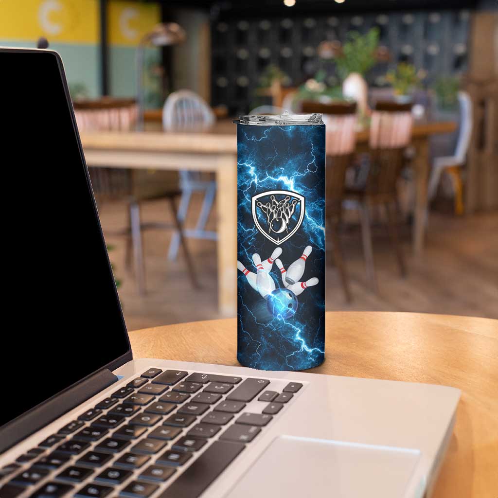 Personalized Bowling Ball Strike Graphic Skinny Tumbler Blue Lightning Storm and Electric Energy - Wonder Print Shop