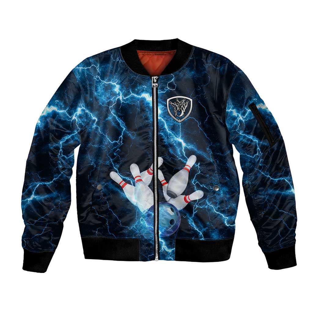 Personalized Bowling Ball Strike Graphic Sleeve Zip Bomber Jacket Blue Lightning Storm and Electric Energy - Wonder Print Shop