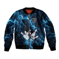 Personalized Bowling Ball Strike Graphic Sleeve Zip Bomber Jacket Blue Lightning Storm and Electric Energy - Wonder Print Shop