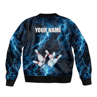 Personalized Bowling Ball Strike Graphic Sleeve Zip Bomber Jacket Blue Lightning Storm and Electric Energy - Wonder Print Shop