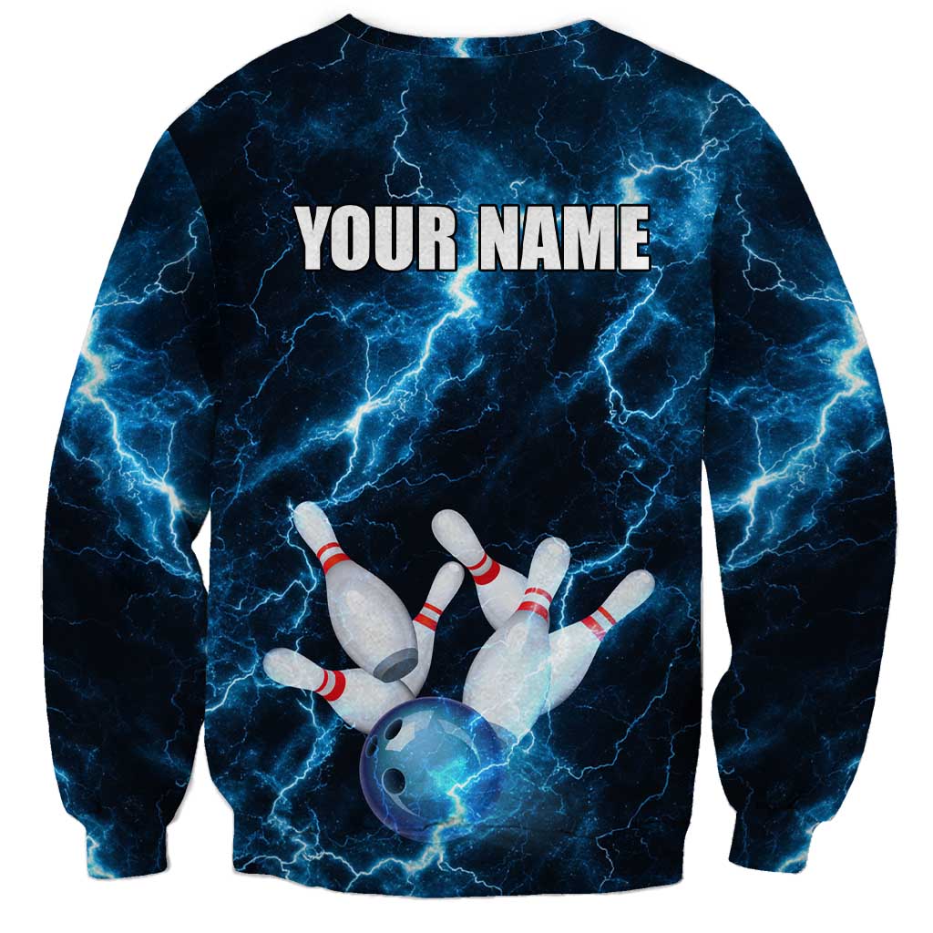 Personalized Bowling Ball Strike Graphic Sweatshirt Blue Lightning Storm and Electric Energy - Wonder Print Shop