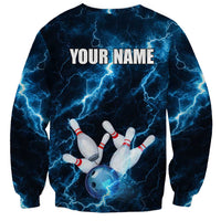 Personalized Bowling Ball Strike Graphic Sweatshirt Blue Lightning Storm and Electric Energy - Wonder Print Shop