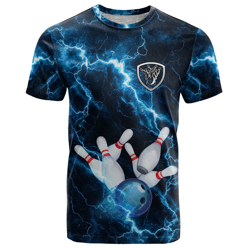 Personalized Bowling Ball Strike Graphic T Shirt Blue Lightning Storm and Electric Energy - Wonder Print Shop